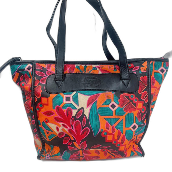Fossil KeyPer Orange and Pink Flower Floral Tote Bag Black Leather Purse - Picture 1 of 11